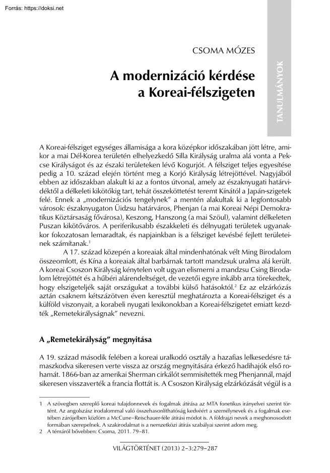 Csoma Mózes - A modernizáció kérdése a Koreai-félszigeten