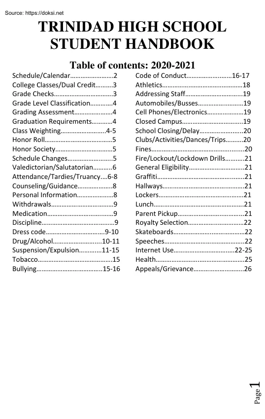 Trinidad High School, Student Handbook