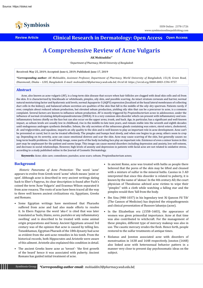 AK Mohiuddin - A Comprehensive Review of Acne Vulgaris