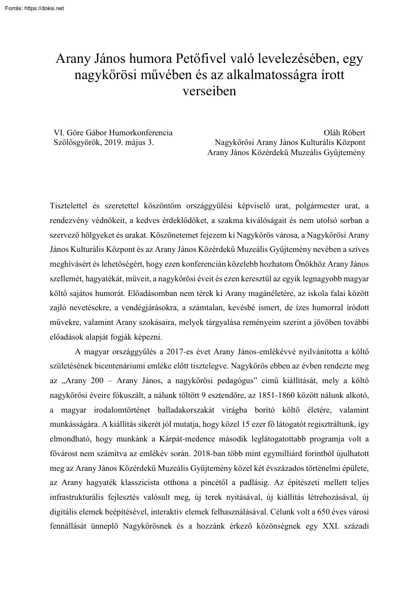 Oláh Róbert - Arany János humora Petőfivel való levelezésében, egy nagykőrösi művében