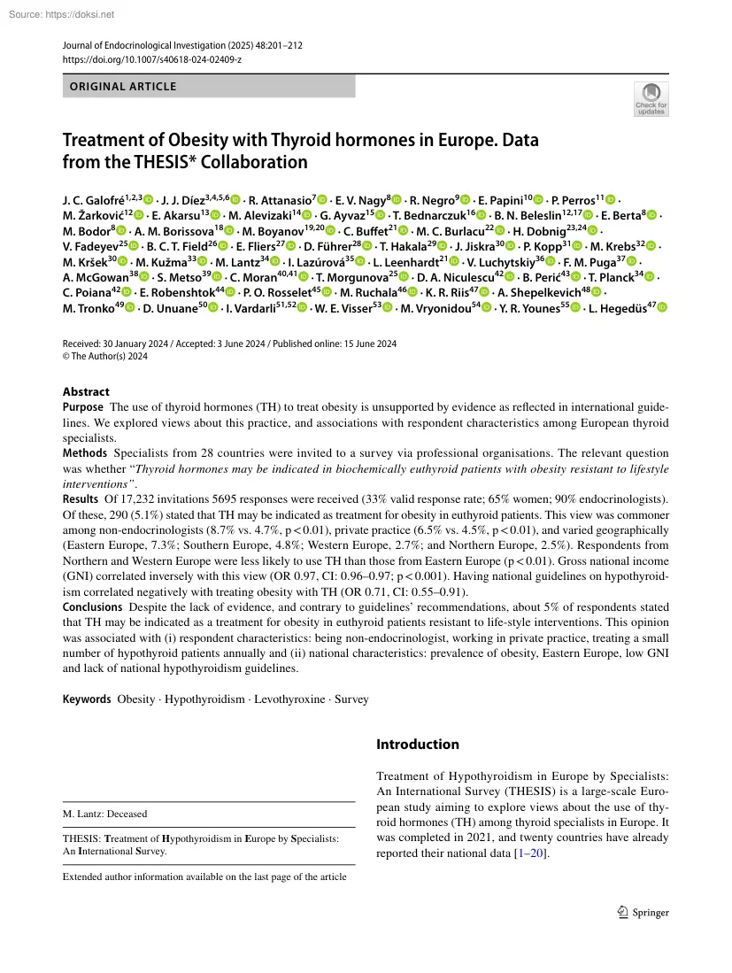 Treatment of Obesity with Thyroid hormones in Europe. Data from the THESIS Collaboration