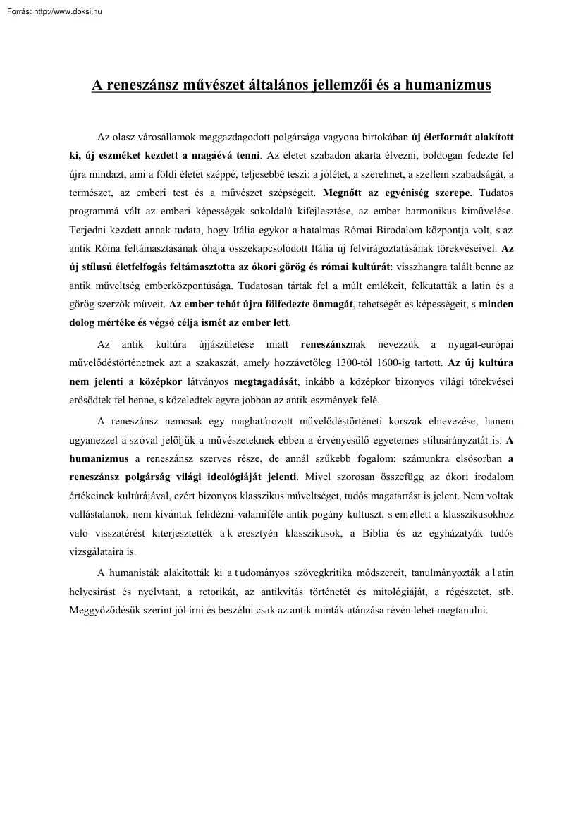 A reneszánsz művészet általános jellemzői és a humanizmus