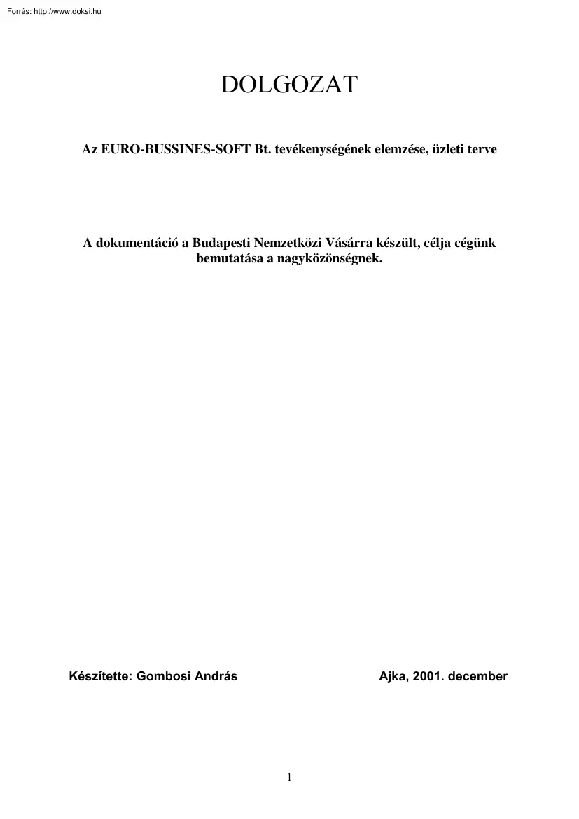 Az Euro-Business-Soft Bt. tevékenységének elemzése, üzleti terve
