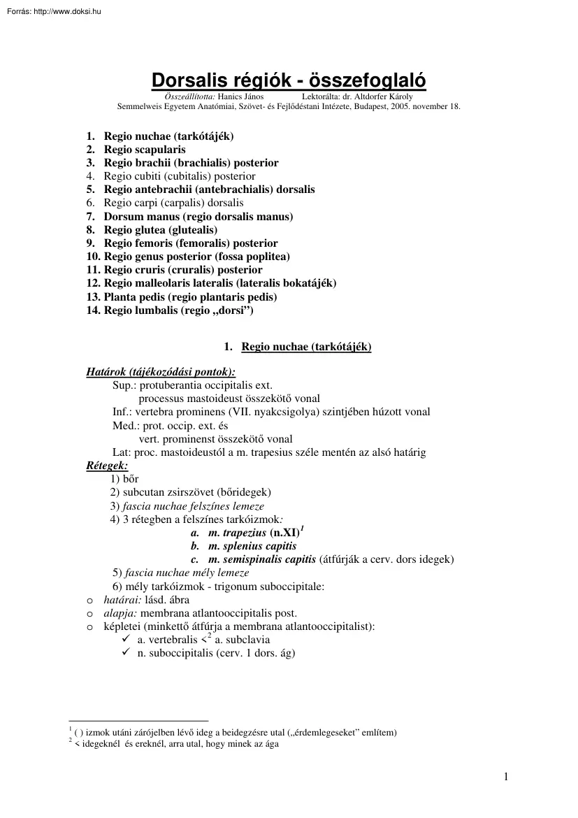 Hanics János - Dorsalis régiók összefoglaló