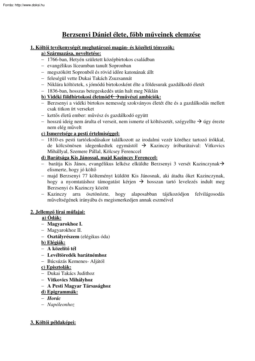 Berzsenyi Dániel élete, főbb műveinek elemzése
