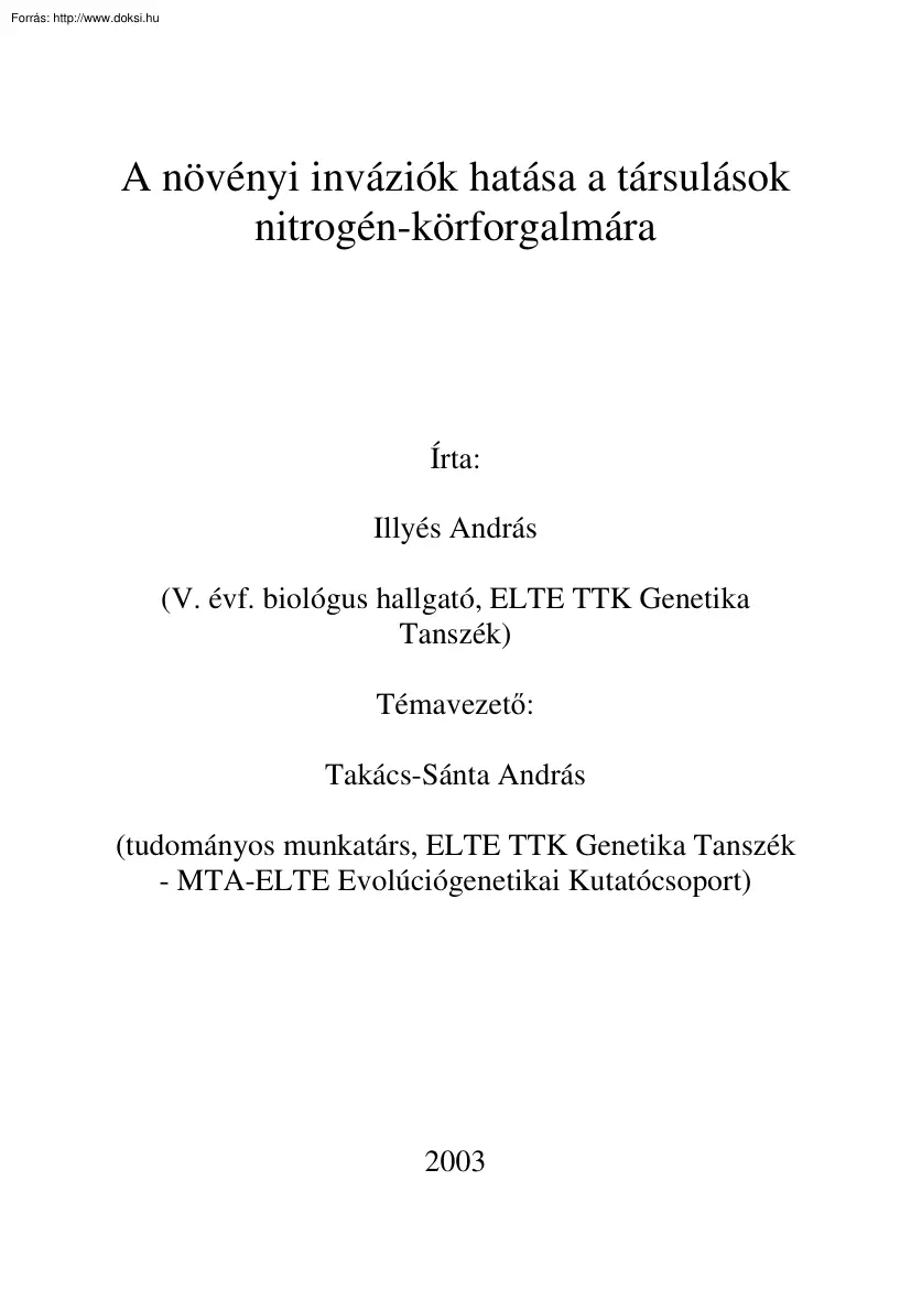 Illyés András - A növényi inváziók hatása a társulások nitrogén-körforgalmára