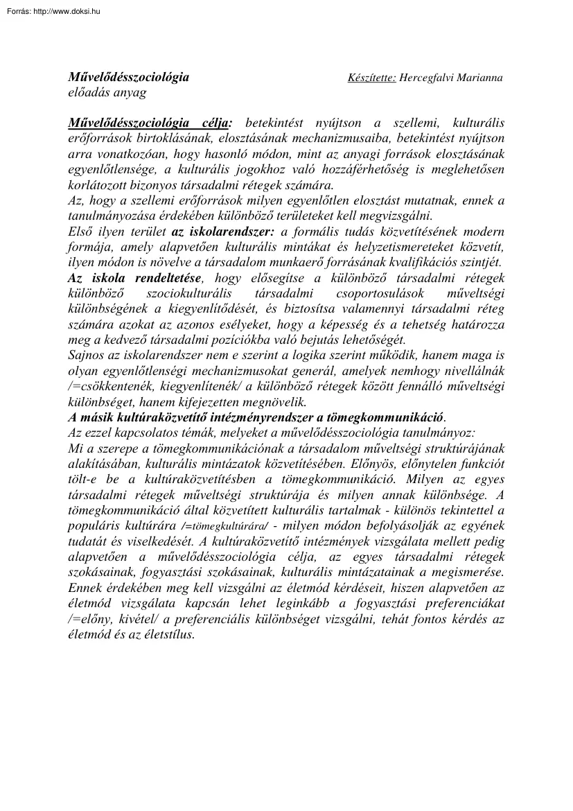 Hercegfalvi Marianna - Művelődésszociológia előadásjegyzet, 2003