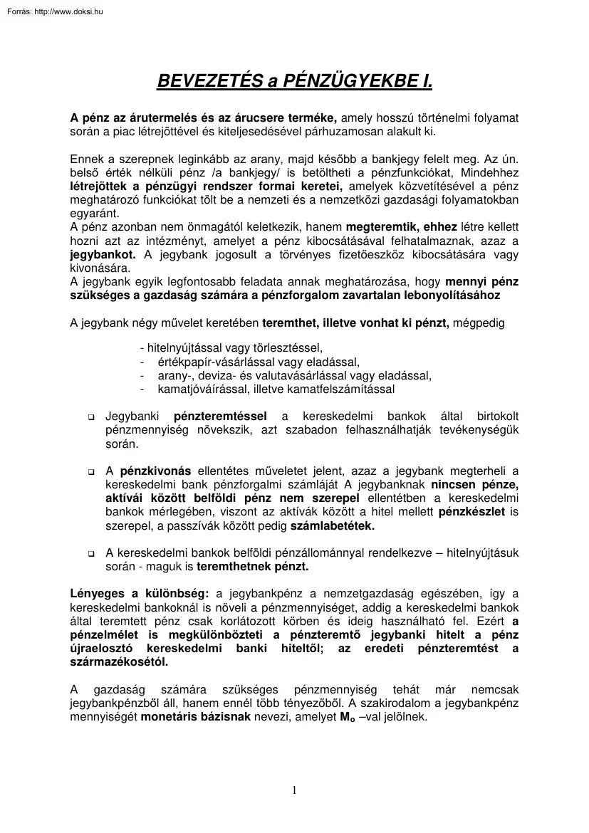 Bevezetés a pénzügyekbe I
