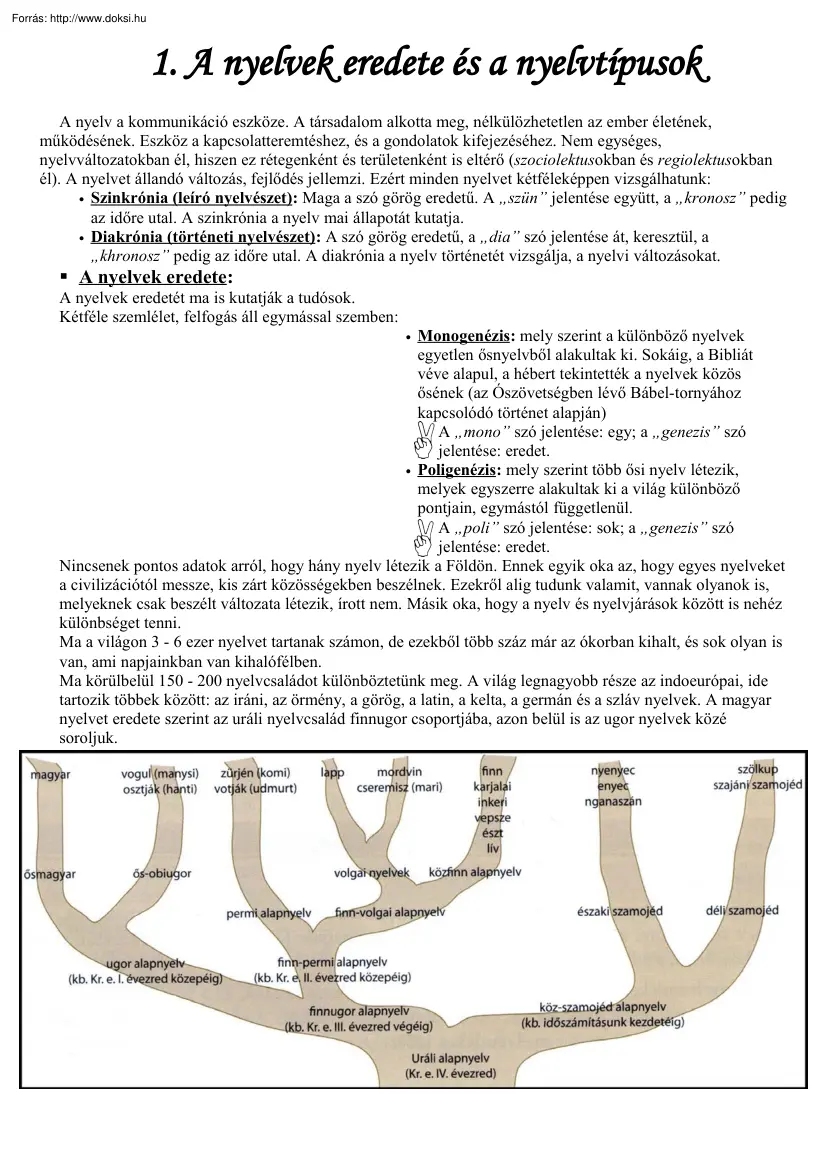A nyelvek eredete és a nyelvtípusok