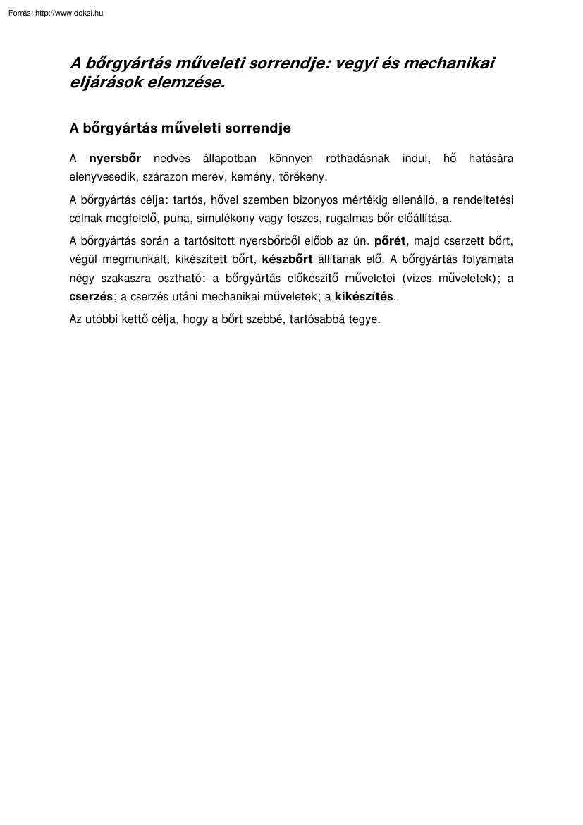 A bőrgyártás műveleti sorrendje