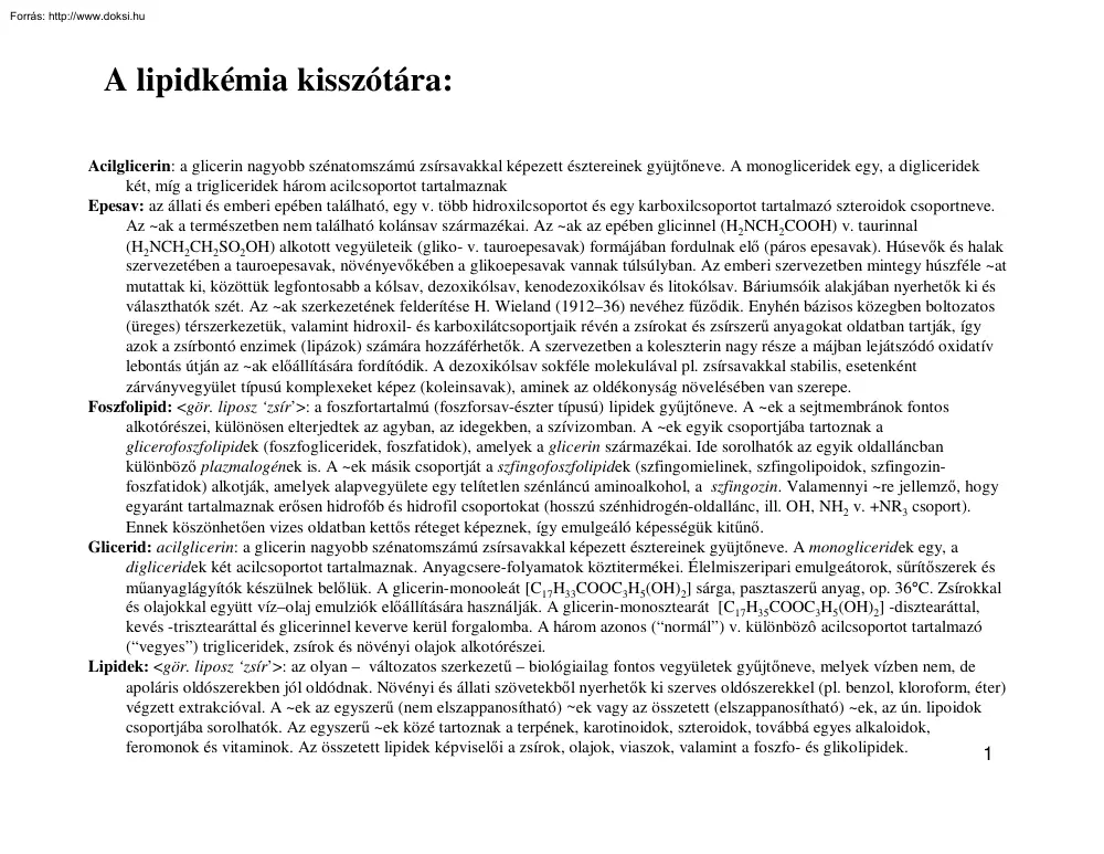 A lipidkémia kisszótára