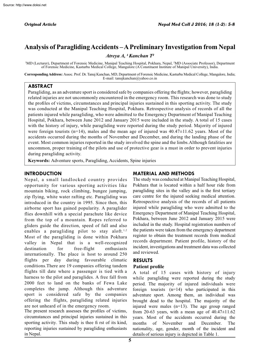 Atreya-Kanchan - Analysis of Paragliding Accidents, A Preliminary Investigation from Nepal
