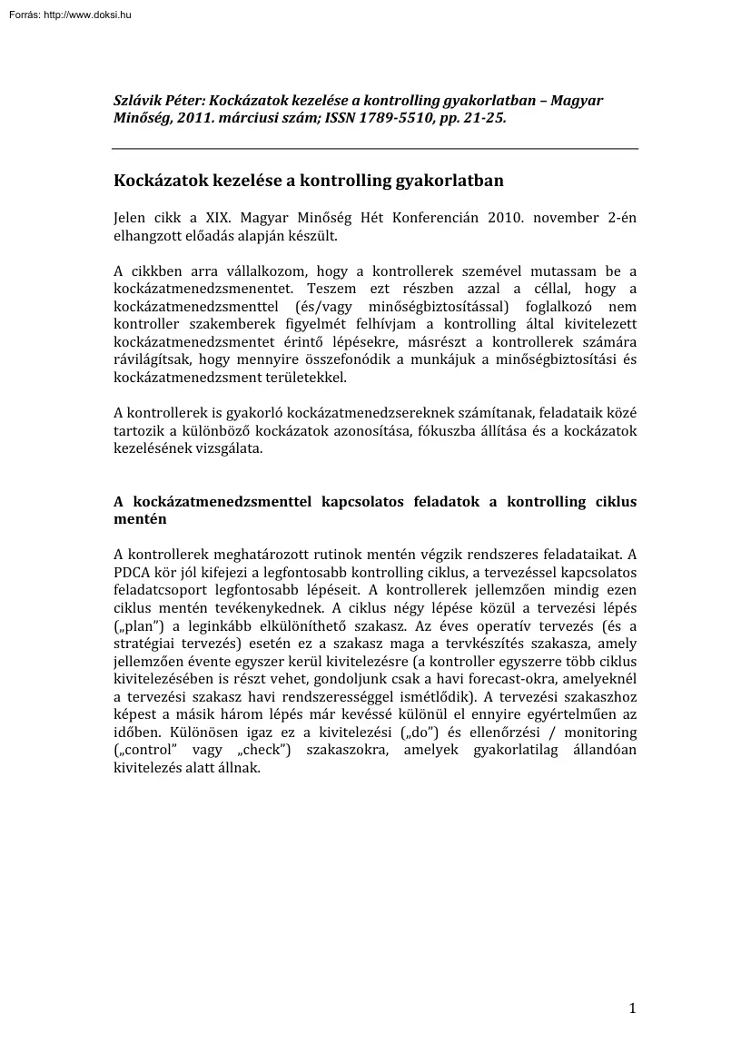Szlávik Péter - Kockázatok kezelése a kontrolling gyakorlatban