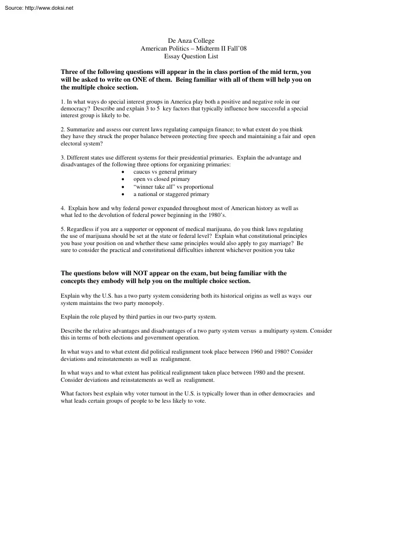 American Politics, Essay Question List