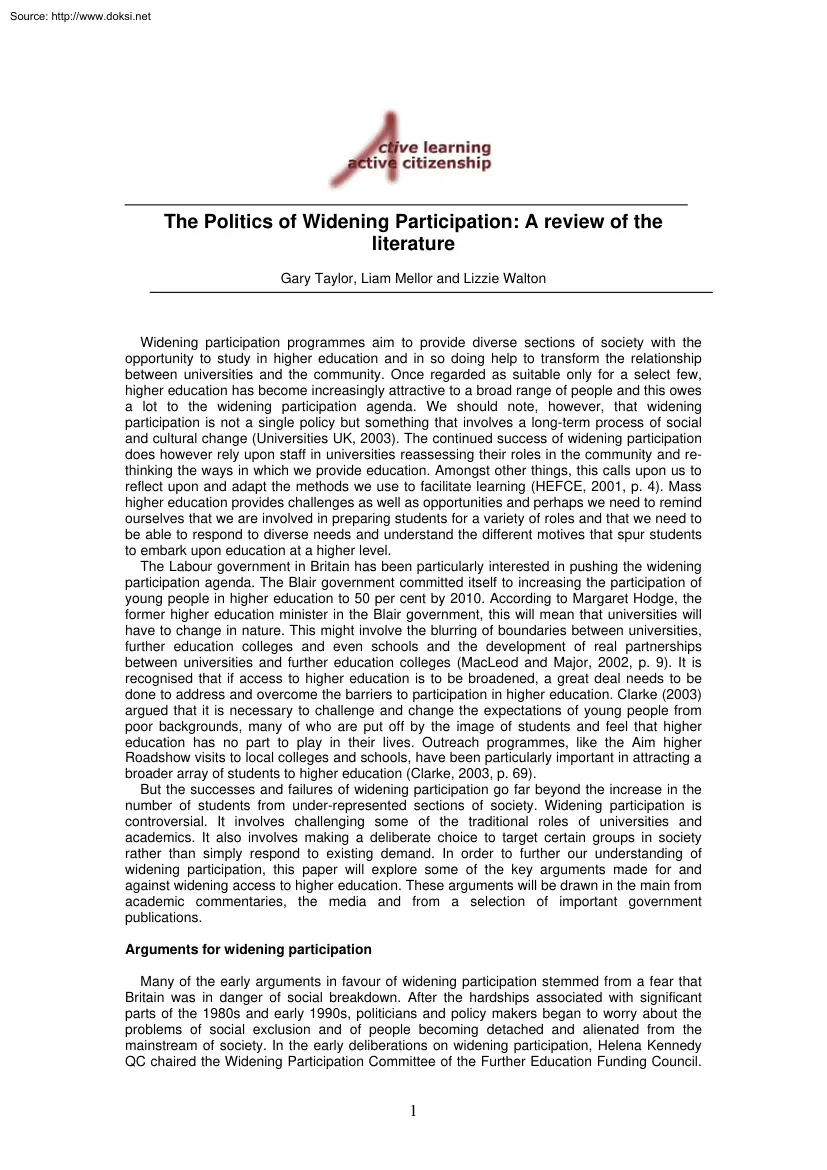 Taylor-Mellor-Walton - The Politics of Widening Participation, A Review of the Literature