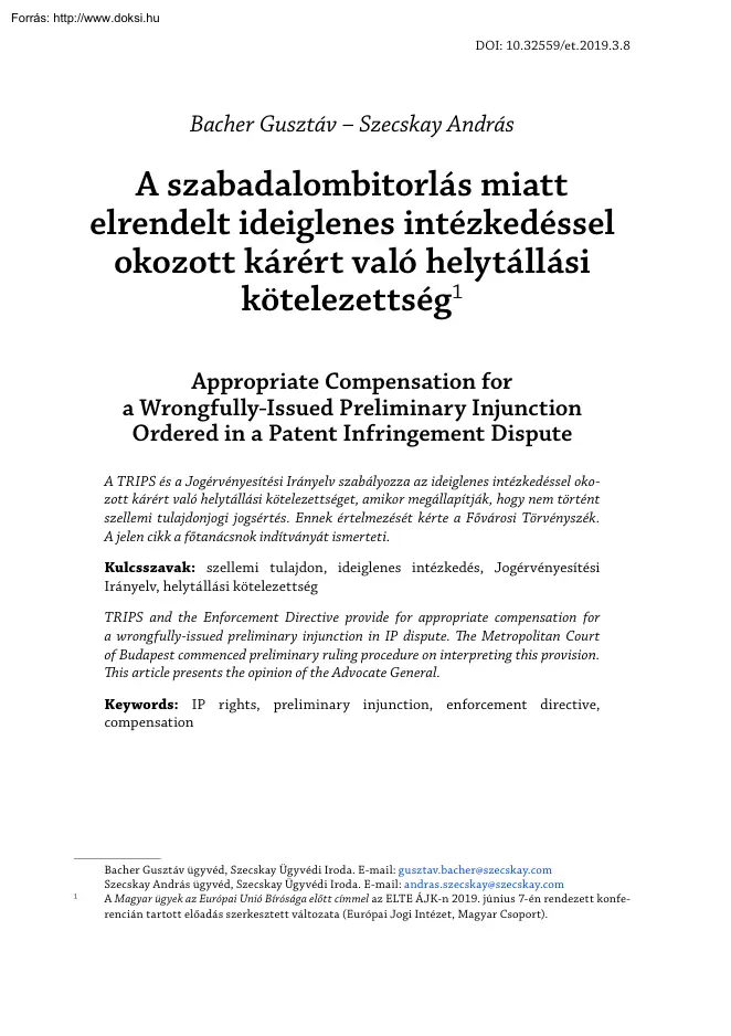 Bacher-Szecskay - A szabadalombitorlás miatt elrendelt ideiglenes intézkedéssel okozott kárért