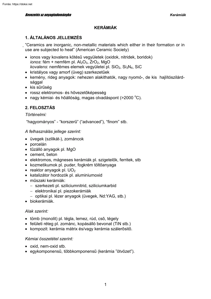 Bevezetés az anyagtudományba, Kerámiák