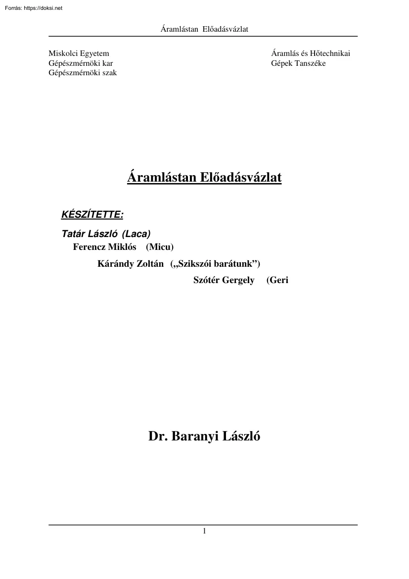 Áramlástan előadásvázlat, 2008