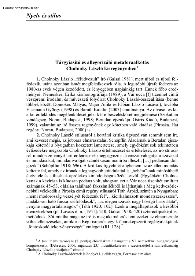 Kemény Gábor - Tárgyiasító és allegorizáló metaforaalkotás Cholnoky László