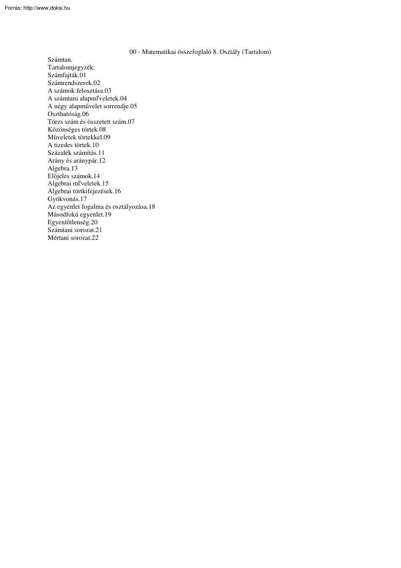 Számtan tananyag, 8. osztály