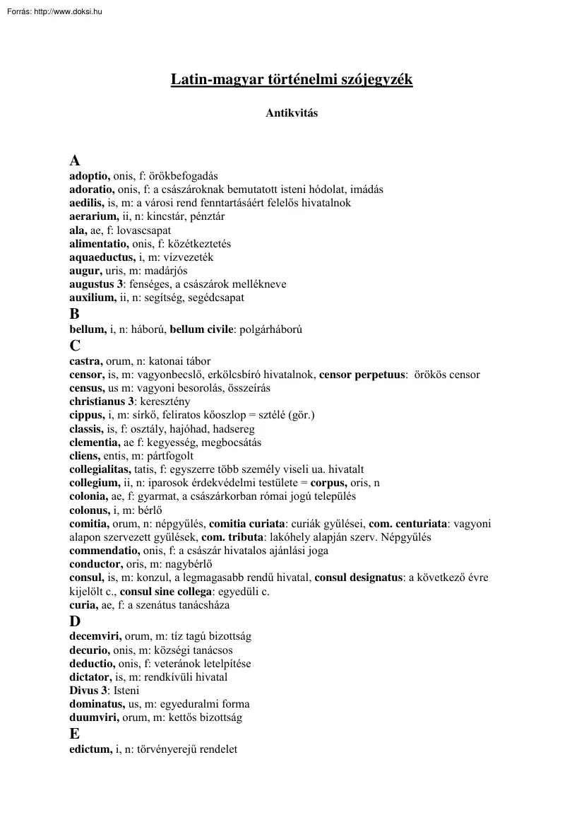 Latin-magyar történelmi szójegyzék