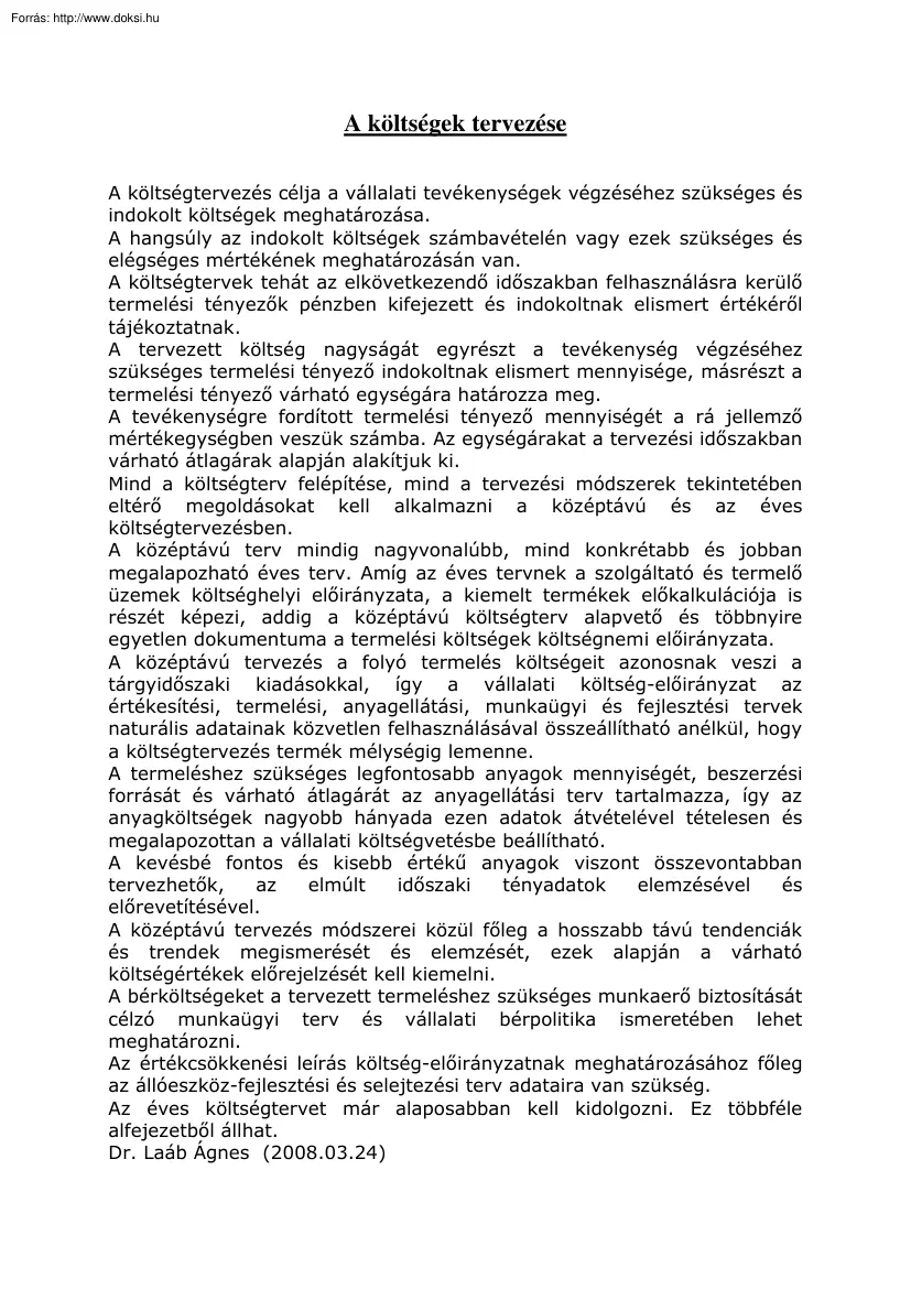 A költségek tervezése
