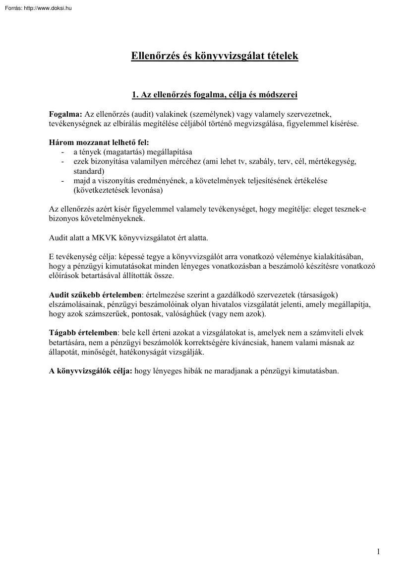 Ellenőrzés és könyvvizsgálat tételek