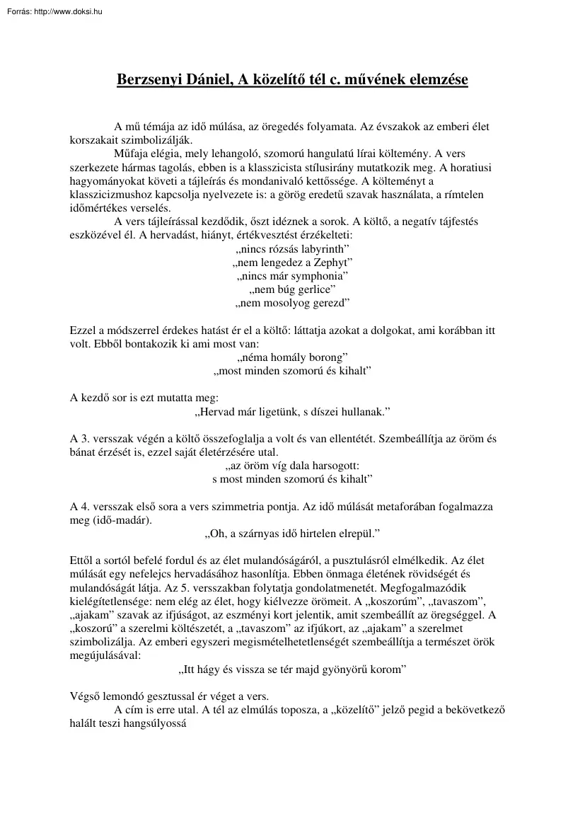 Berzsenyi Dániel, A közelítő tél c. művének elemzése