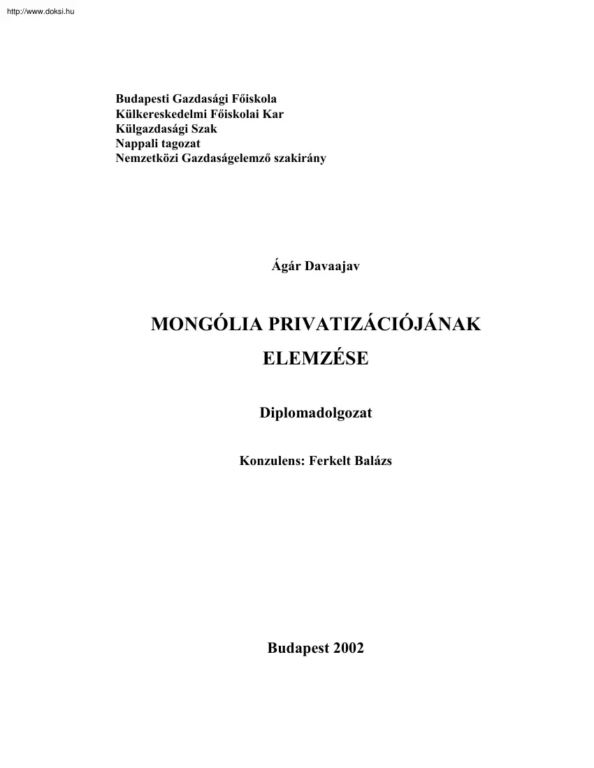Ágár Davaajav - Mongólia privatizációjának elemzése