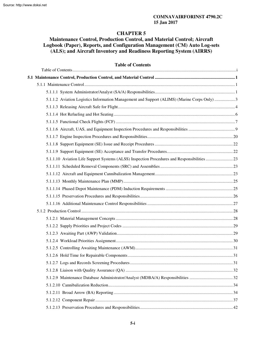 COMNAVAIRFORINST 4790.2C Chapter 05, Maintenance control, Production Control, and Material Control