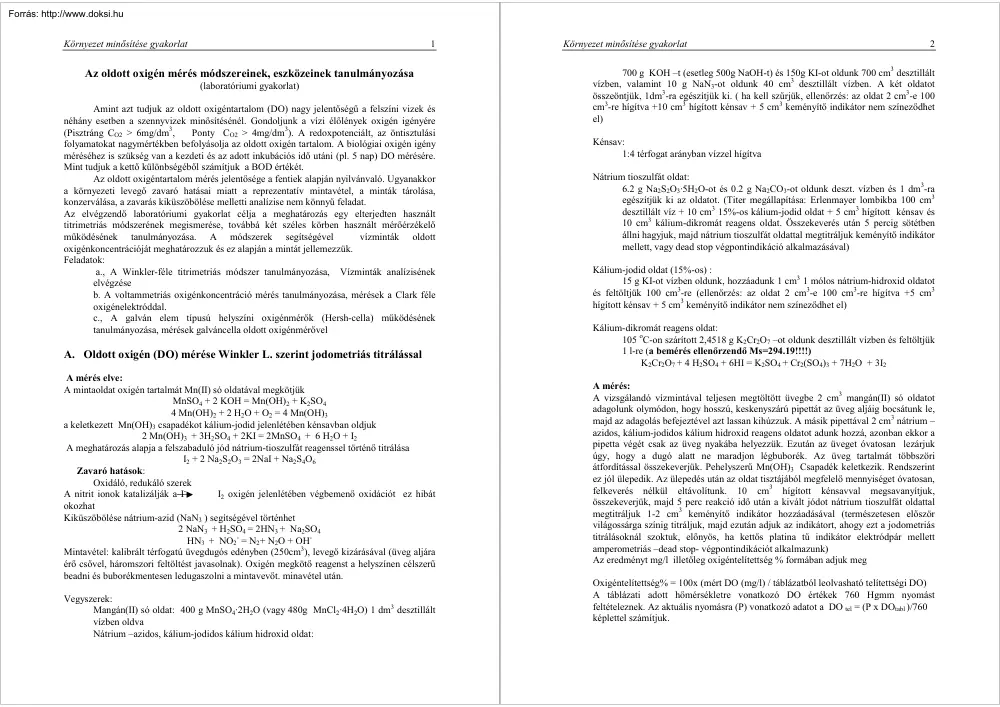 Az oldott oxigén mérés módszereinek, eszközeinek tanulmányozása
