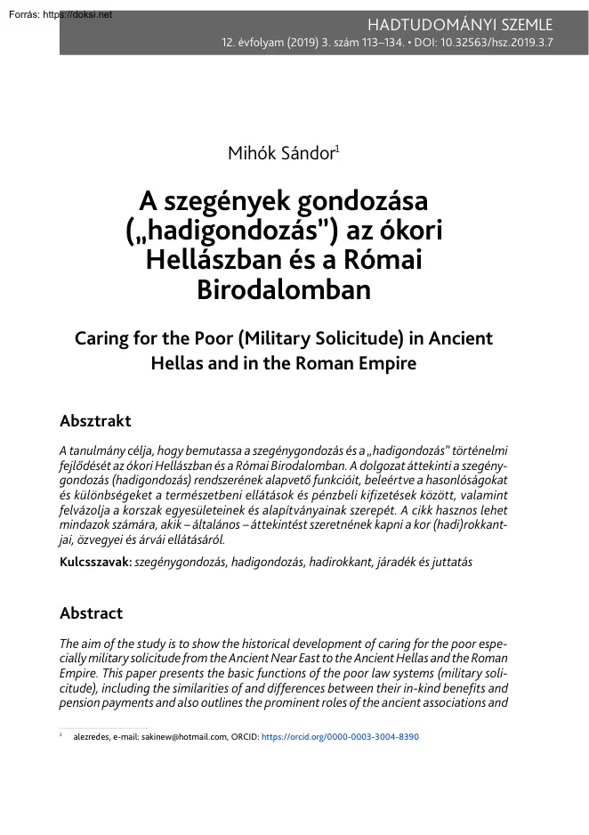 Mihók Sándor - A szegények gondozása, hadigondozás az ókori Hellászban és a Római