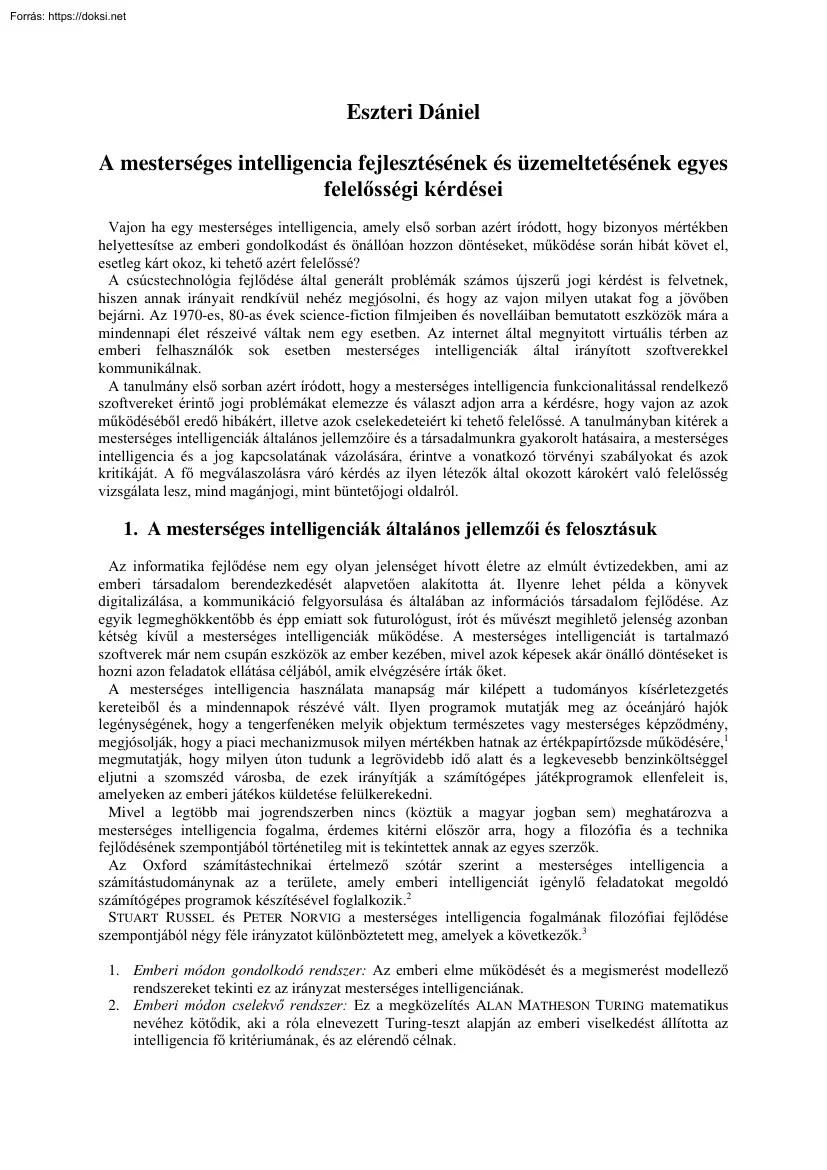 Eszteri Dániel - A mesterséges intelligencia fejlesztésének és üzemeltetésének egyes