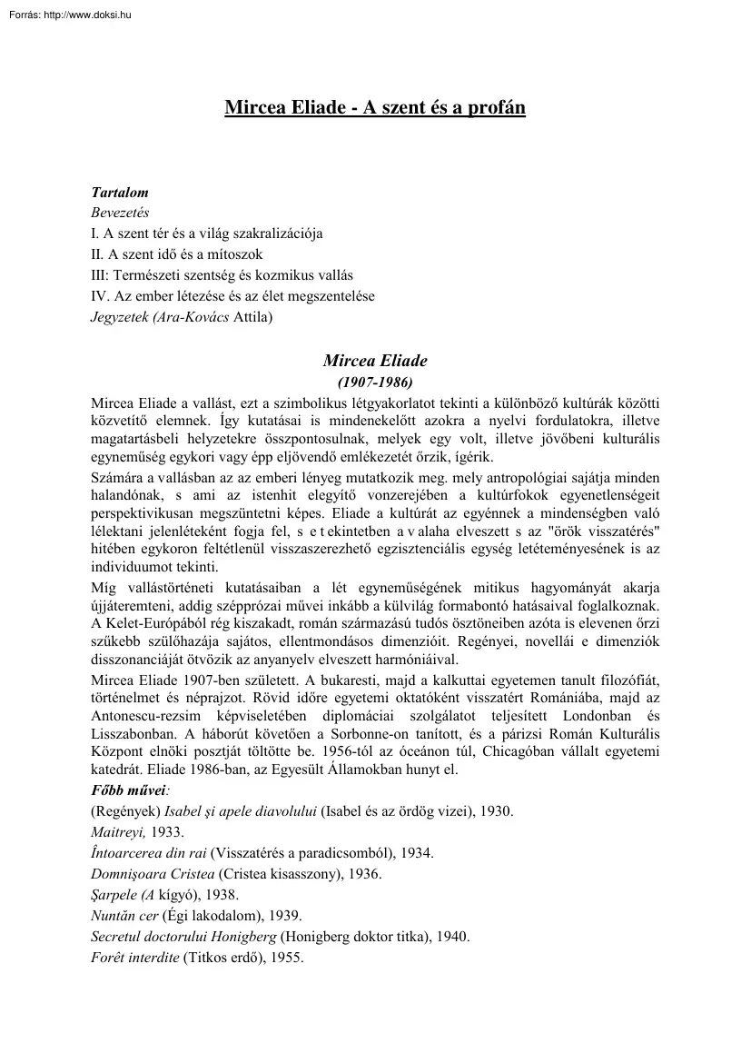 Mircea Eliade - A szent és a profán