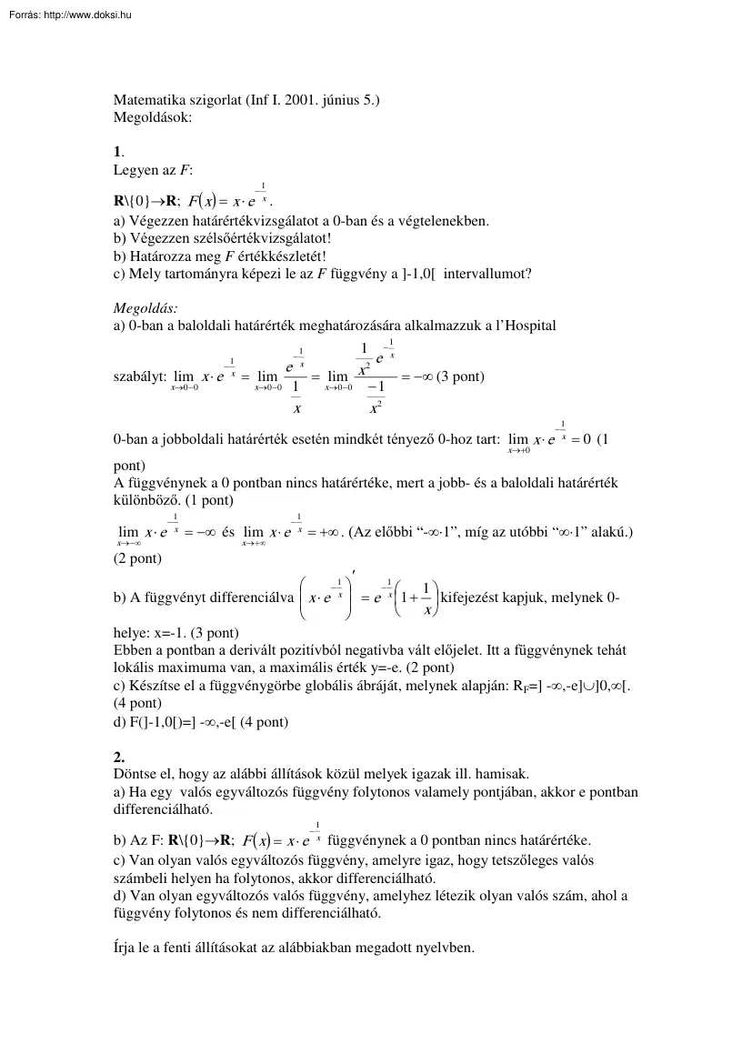 Matematika szigorlatok, megoldással