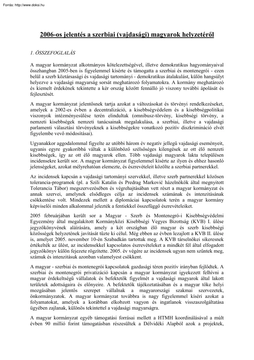 2006. évi jelentés a szerbiai (vajdasági) magyarok helyzetéről