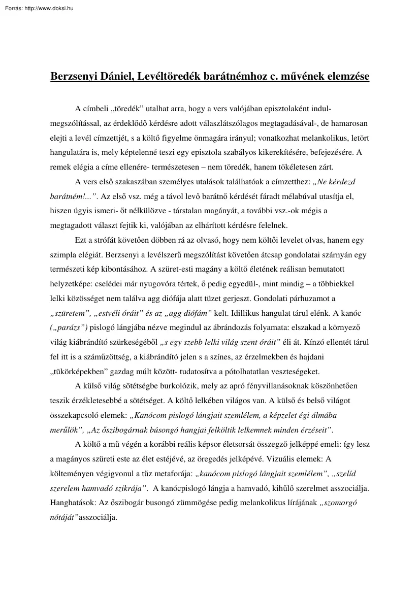 Berzsenyi Dániel, Levéltöredék barátnémhoz című művének elemzése