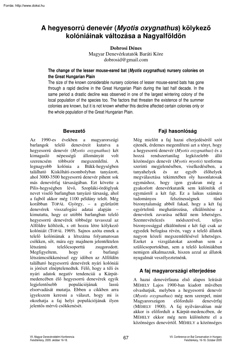Dobrosi Dénes - A hegyesorrú denevér kölykező kolóniáinak változása a Nagyalföldön