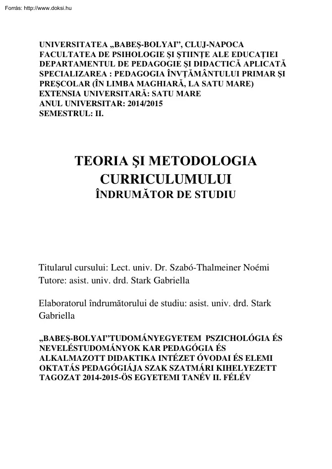 Stark Gabriella - Tantervelméleti alapismeretek