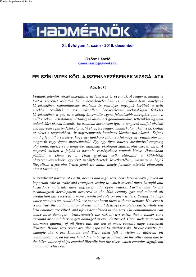 Csősz László - Felszíni vizek kőolajszennyezéseinek vizsgálata