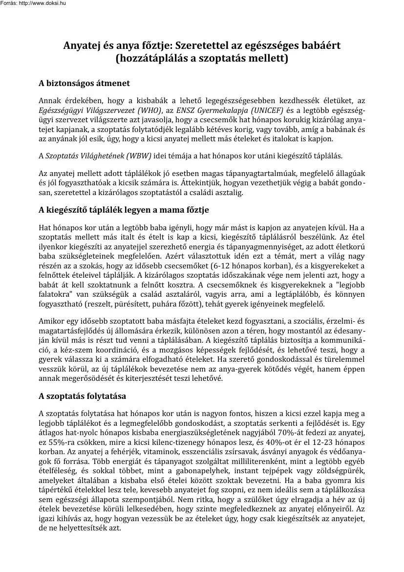 Anyatej és anya főztje, Szeretettel az egészséges babáért, hozzátáplálás a szoptatás