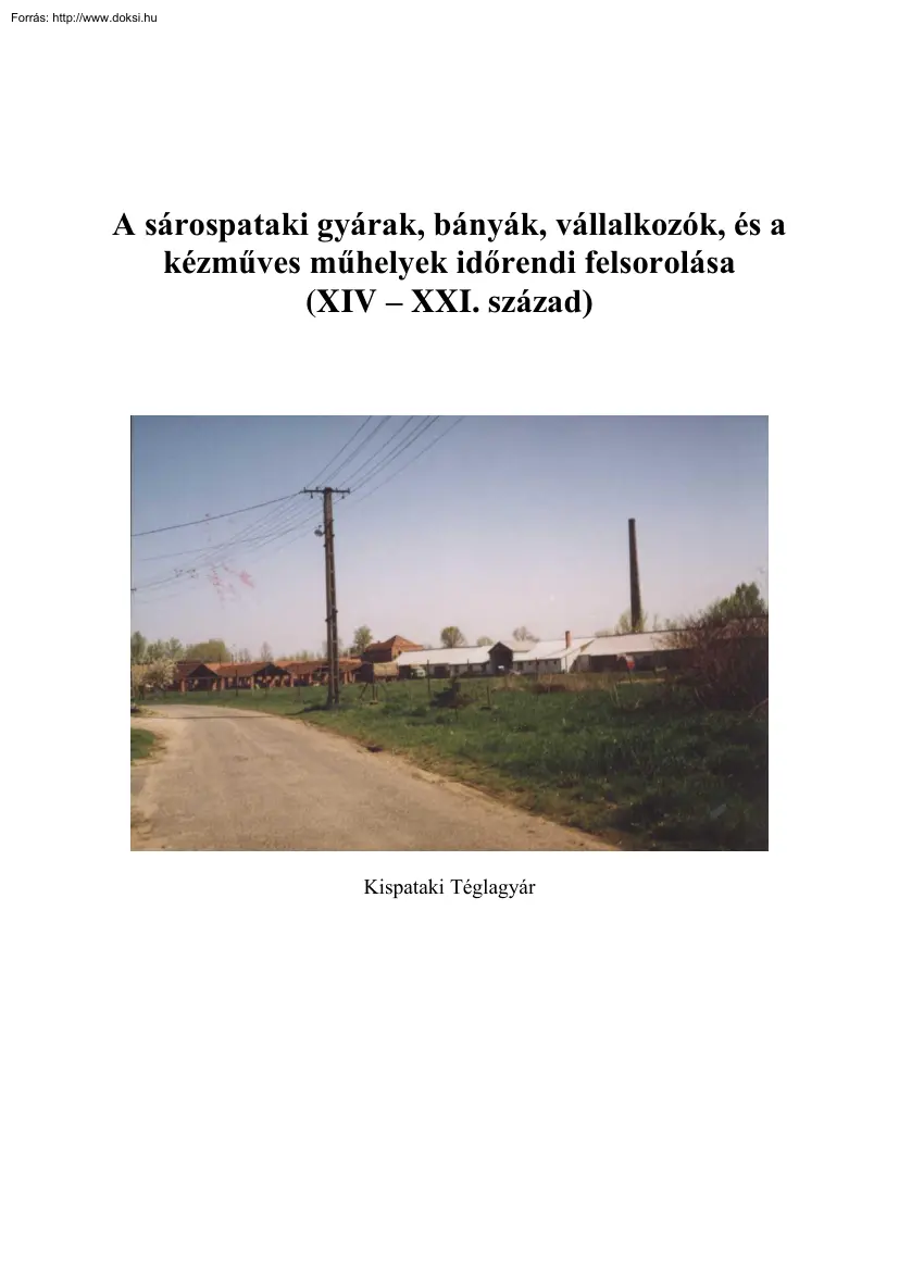 Tamás Erzsébet - A sárospataki gyárak, bányák, vállalkozók, és a kézműves műhelyek