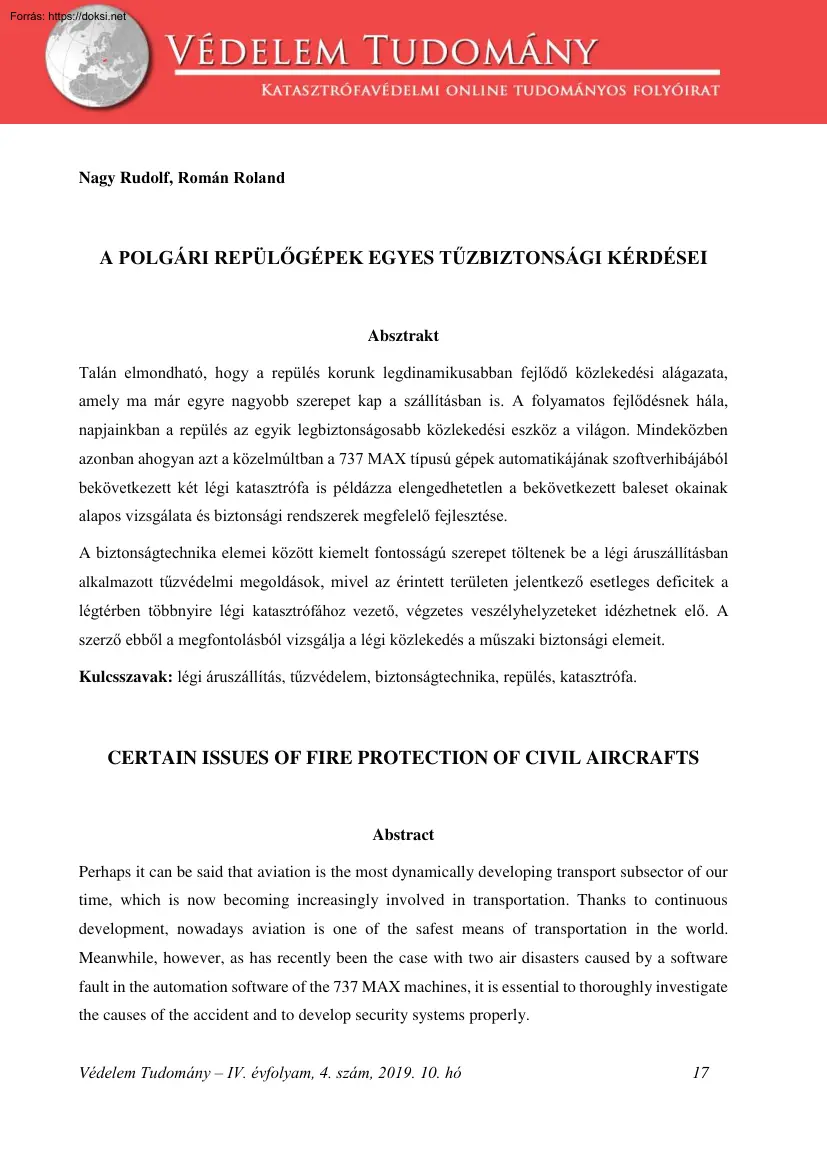 Nagy-Román - A polgári repülőgépek egyes tűzbiztonsági kérdései