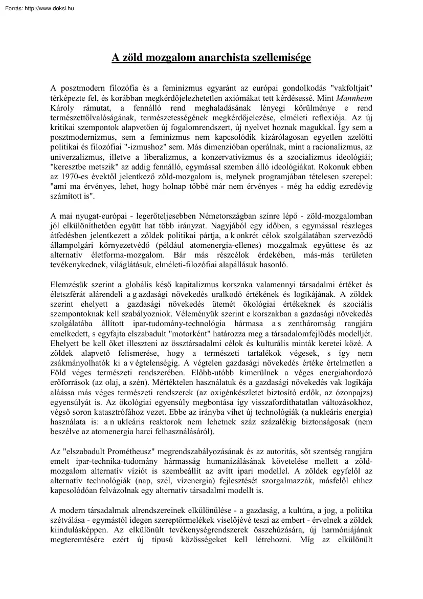 A zöld mozgalom anarchista szellemisége