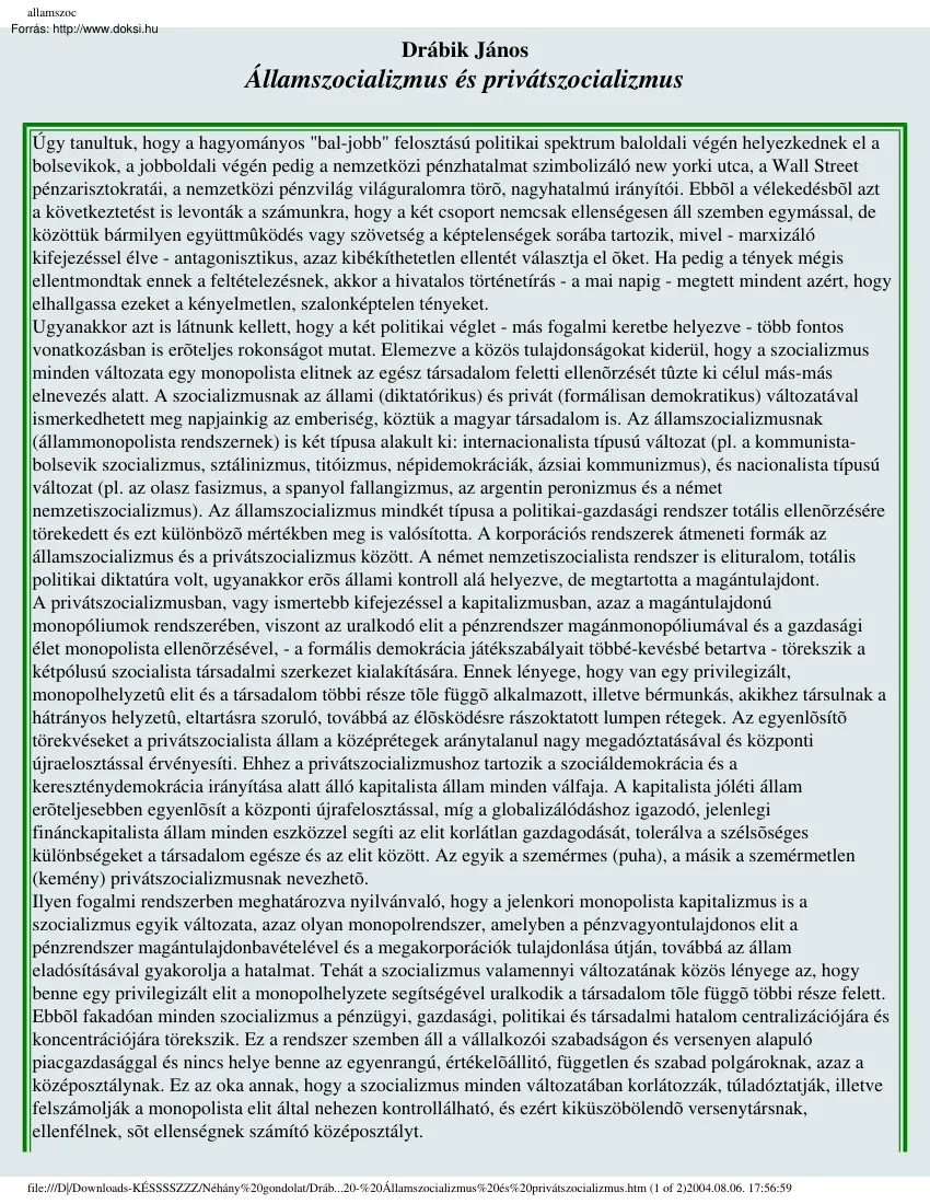 Drábik János - Államszocializmus és privátszocializmus