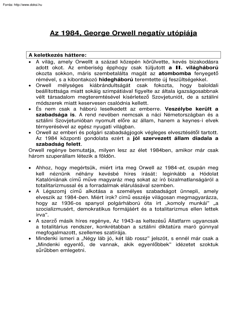 Az 1984, George Orwell negatív utópiája