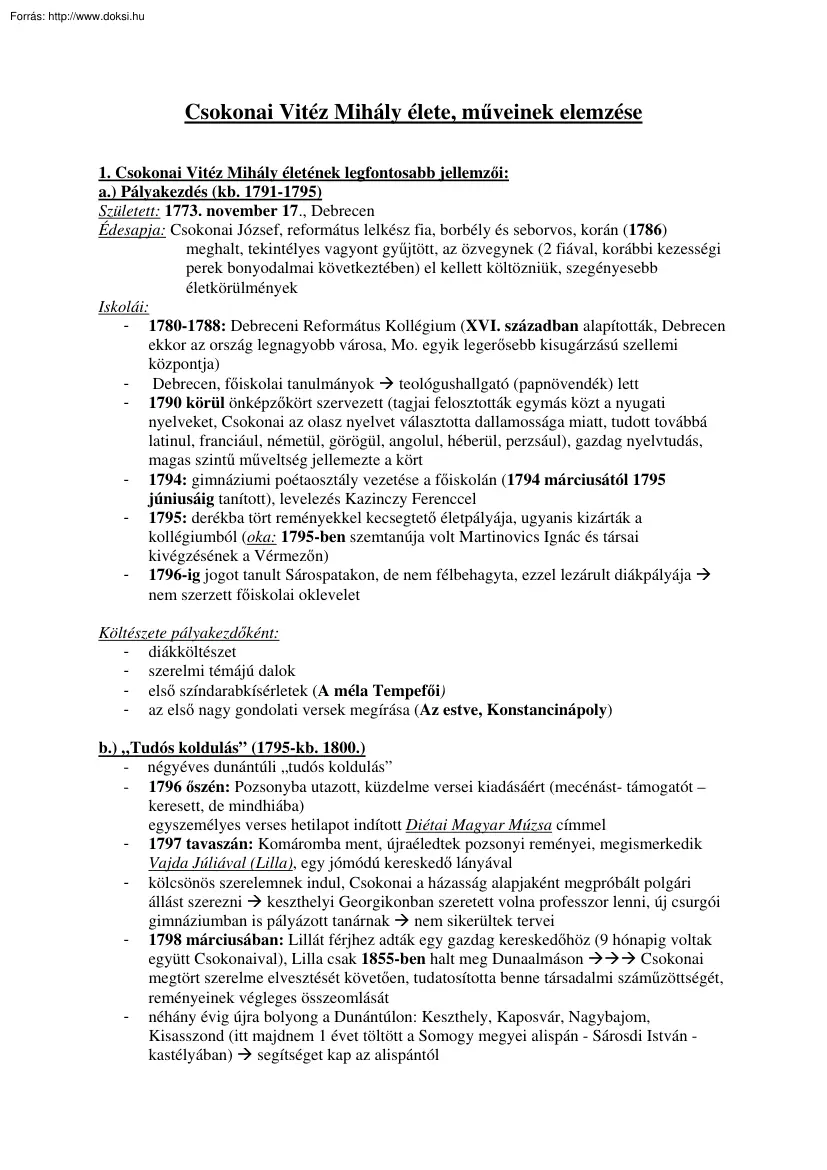 Csokonai Vitéz Mihály élete, műveinek elemzése