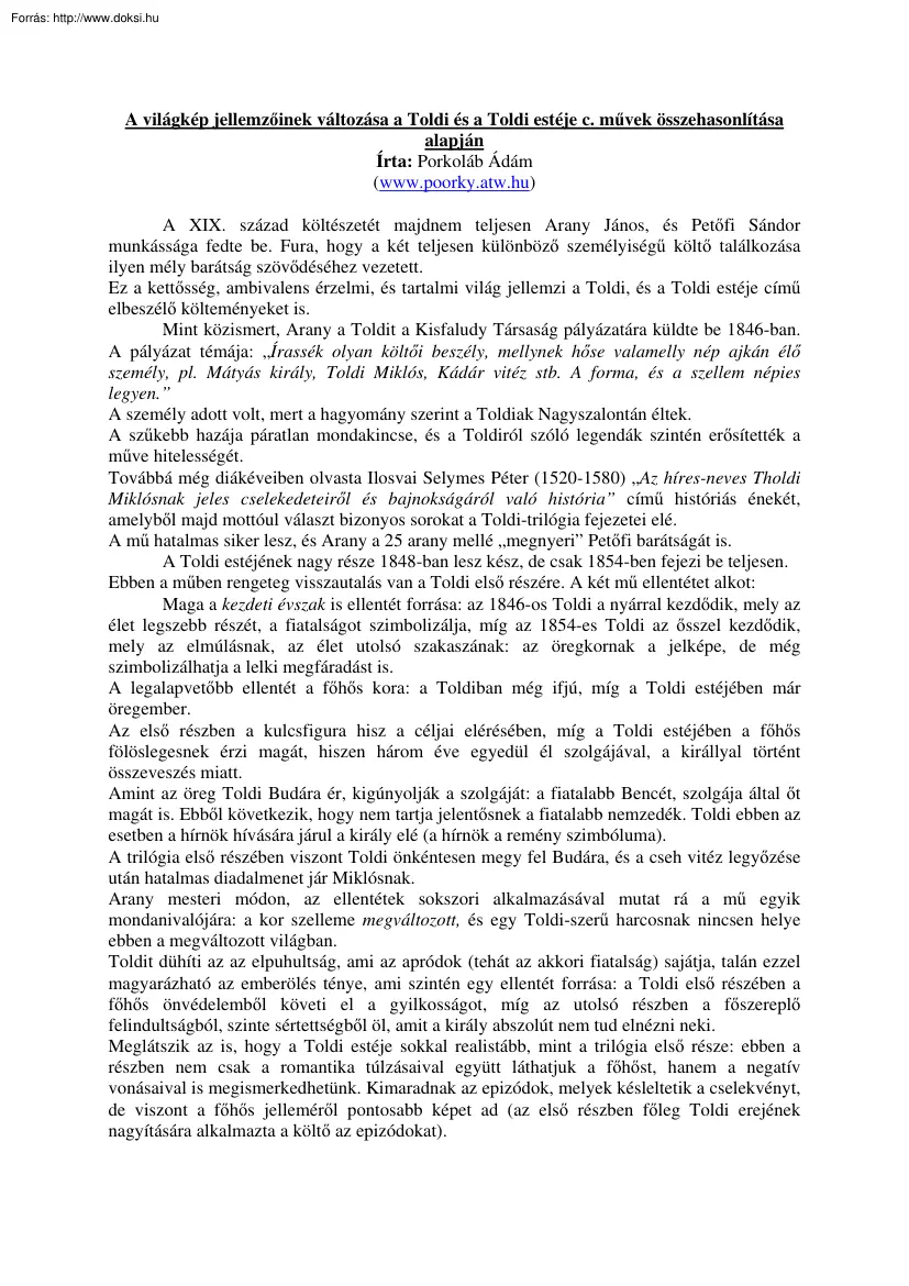 Porkoláb Ádám - A Toldi és a Toldi estéje című művek összehasonlítása