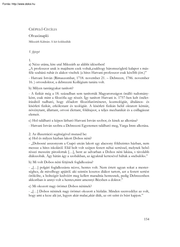 Csépelő Cecília - Mikszáth Kálmán, A két koldusdiák olvasónapló