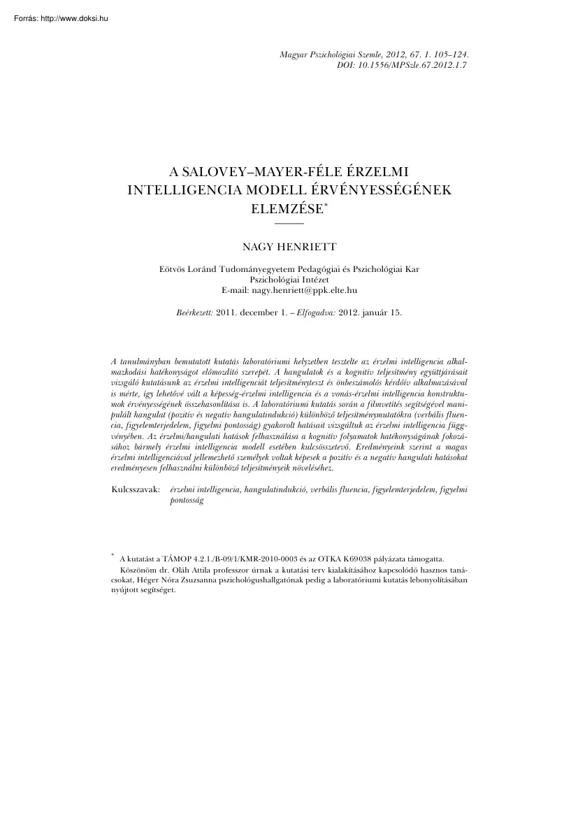 Nagy Henriett - A Salovey Mayer féle érzelmi intelligencia modell érvényességének elemzése